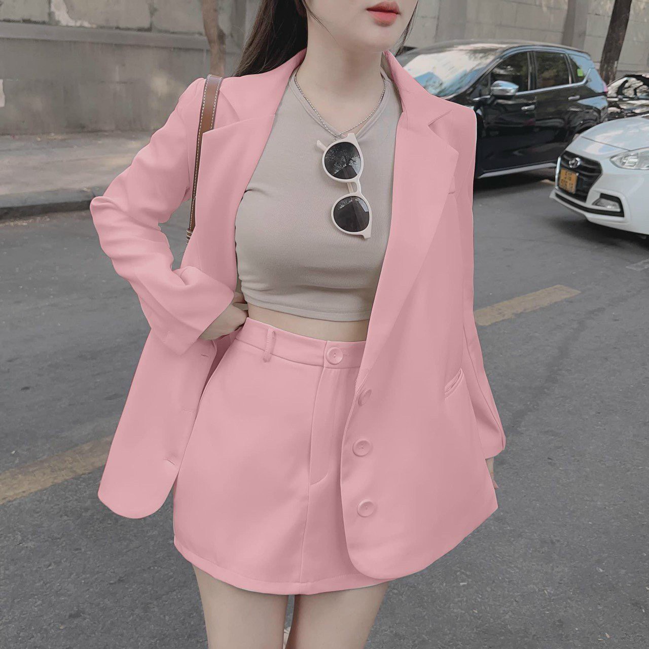 Set công sở áo khoác vest tay dài mix chân váy chữ A kèm lót borip croptop cổ tròn set vest chất vải