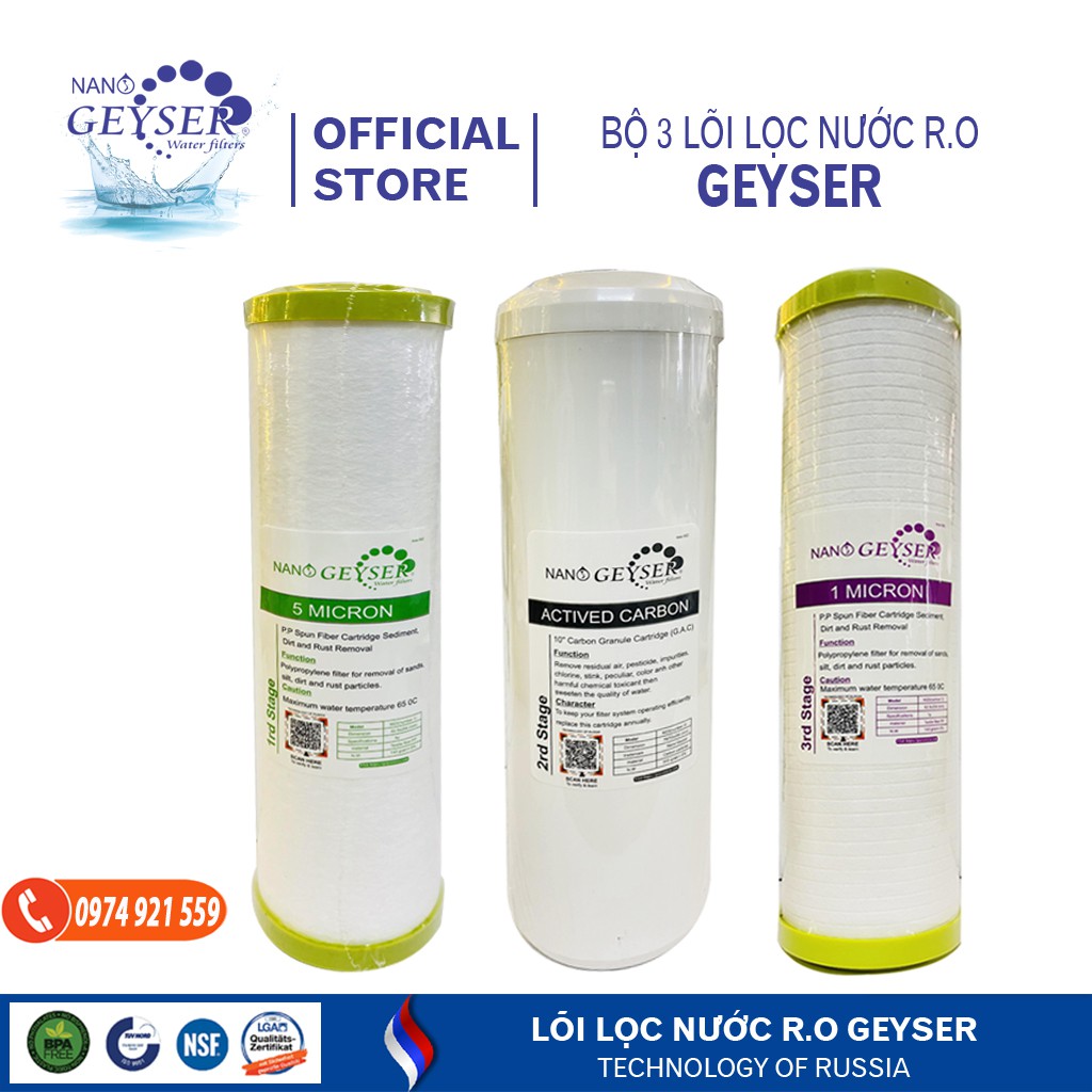 Bộ 3 lõi lọc nước Geyser RO 123 thay được cho Bộ 3 Lõi lọc nước karofi 123 chính hãng dùng cho máy l