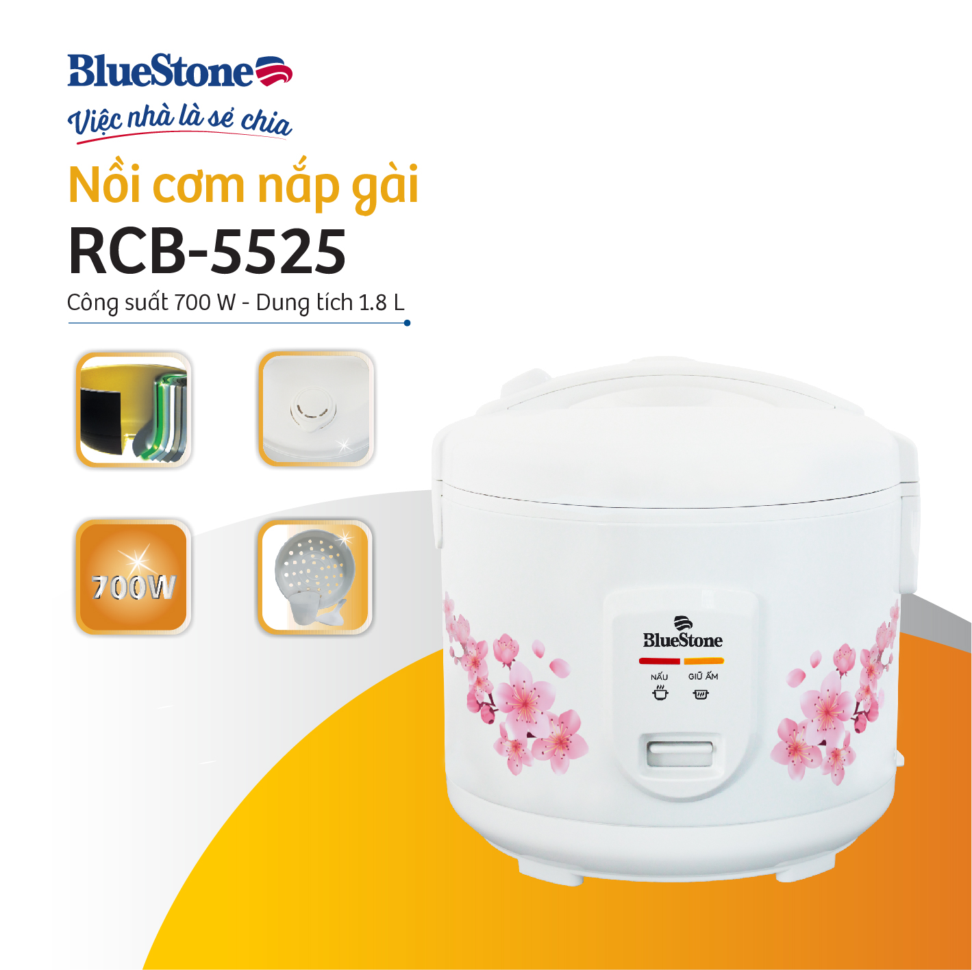 Nồi cơm điện BlueStone RCB-5525 - Công suất 700W-Bảo hành 24 tháng- Hàng chính hãng