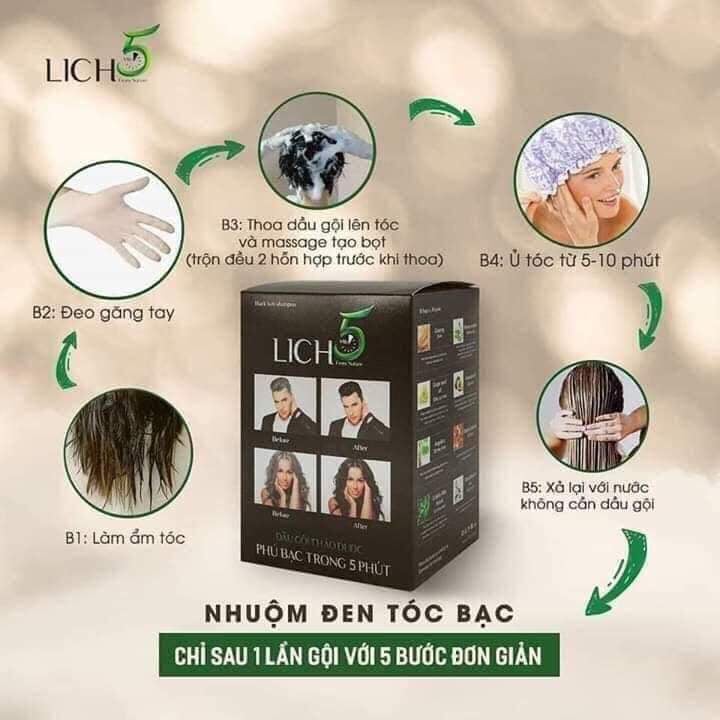 Dầu Gội Thảo Dược Phủ Bạc LICH5. Hộp 10 gói.