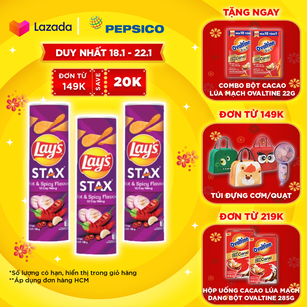 [Deal Tết 2025 tặng Ovaltine] Combo 3 Lay’s Stax Khoai Tây Miếng Vị Cay Nồng 100gr