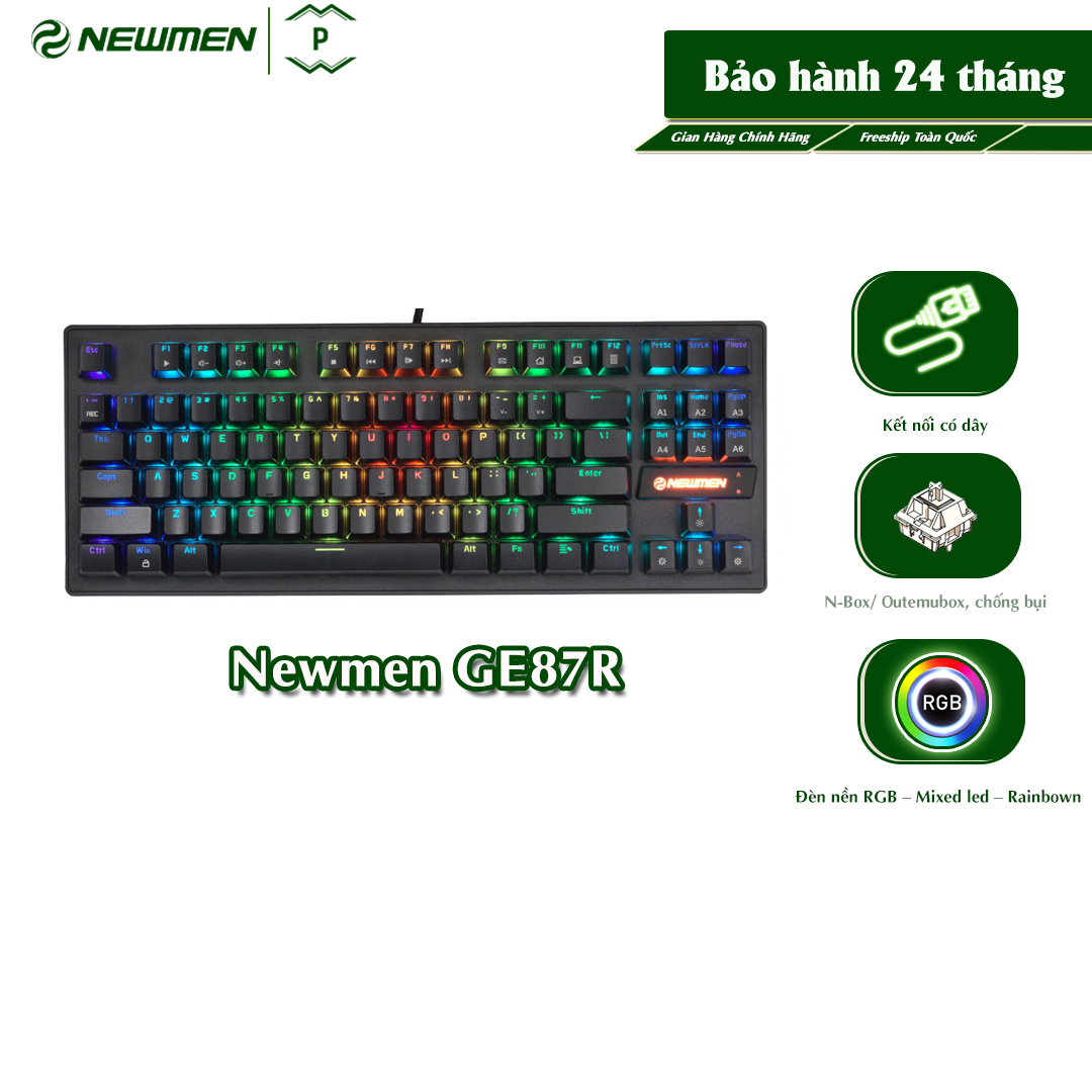 Bàn Phím Cơ Có Dây Gaming Newmen GE87R TKL Layout 87 Nút Switch Outemubox Led RGB Rainbow Rực Rỡ Key