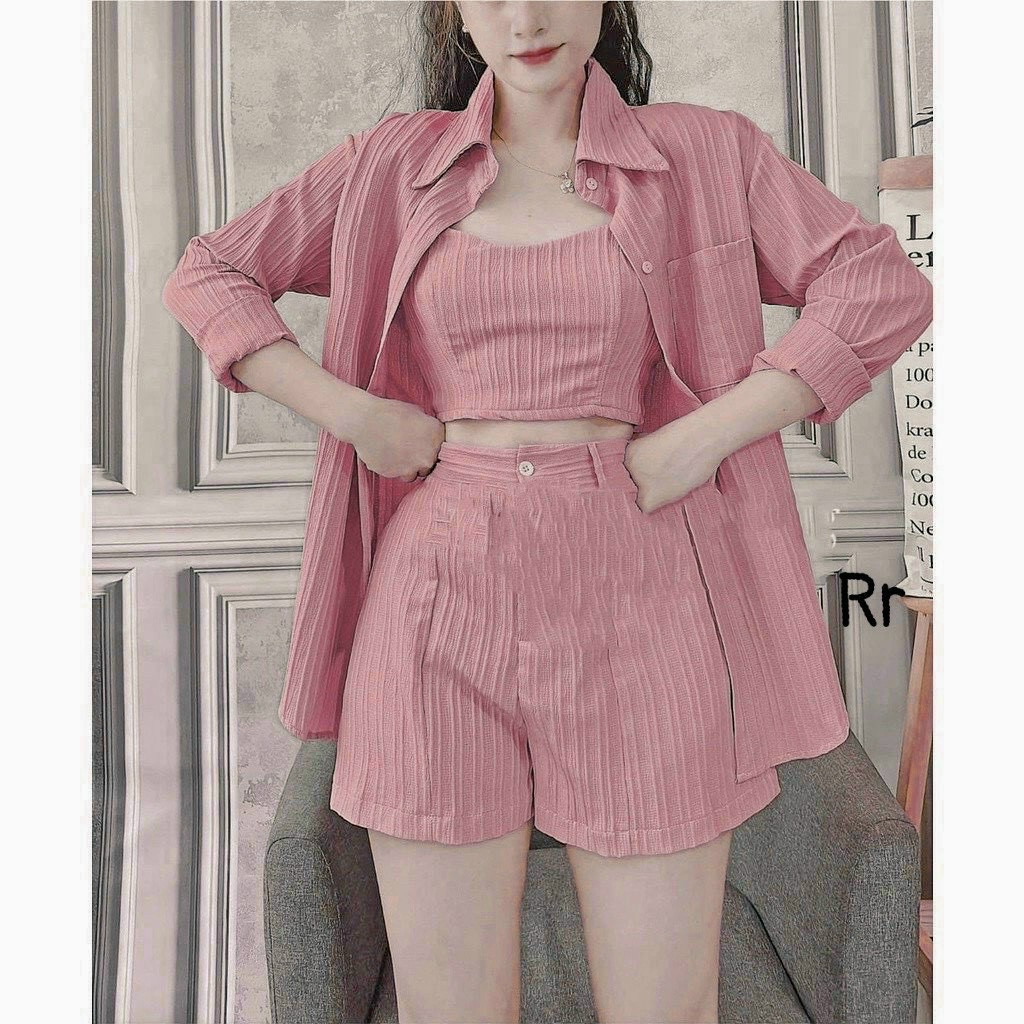 [Ưu Đãi Voucher 50k Freeship] Set sơ mi ba món chất đũi đủ màu Set bộ đồ nữ ba món cùng tone màu siê