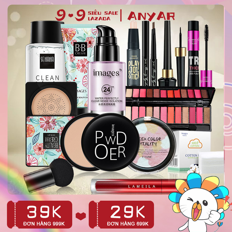 [Hcm]Anyar - Bộ 13 Cái Bộ Trang Điểm Kem Nền（Kem Bb Che Khuyết Điểm ）+Phấn Phủ Kiềm Dầu+Phấn Bảng Mắt+Chì Kẻ Mày+Phấn Má+Bút Tạo Khối+Son Lì+Bông Tẩy Trang+Cushion Phấn Nước+Sự Cách Ly Kem Lót+Mascara Kép + Bút Kẻ Mắt