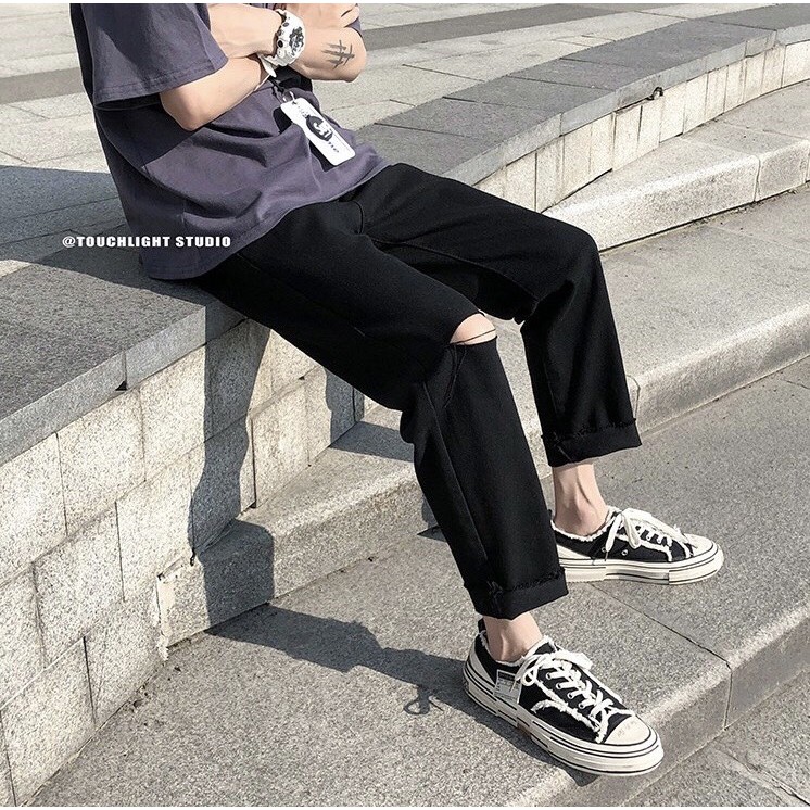 Quần Jean Baggy Rách Nam Quần Bò Đen Ống Suông Rộng Rách Gấu+Rách Gối Rđ-01