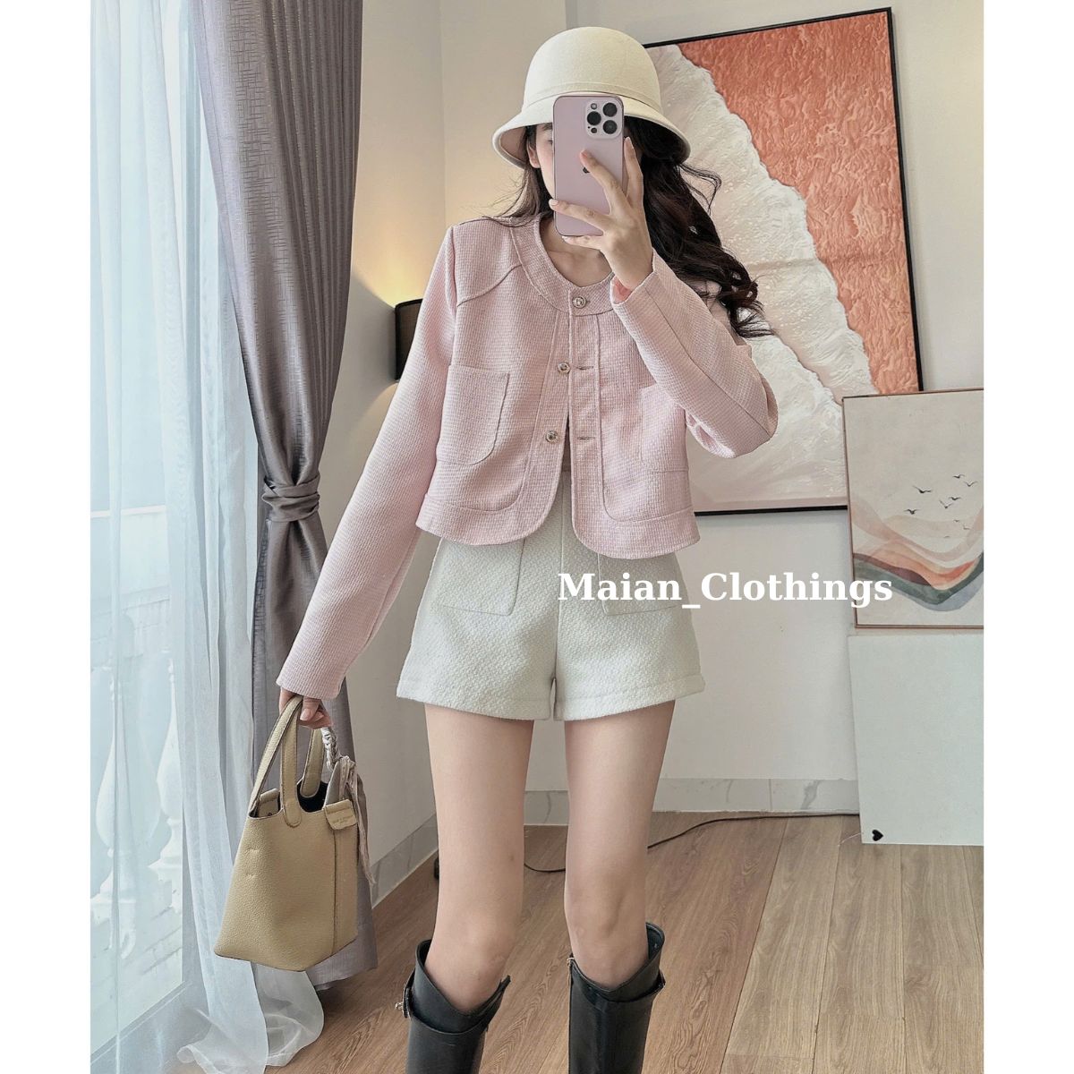 Áo khoác dạ Tweed nữ Maian áo khoác dáng ngắn cổ tròn dài tay túi ngực có lớp lót lụa 1 hàng cúc bas