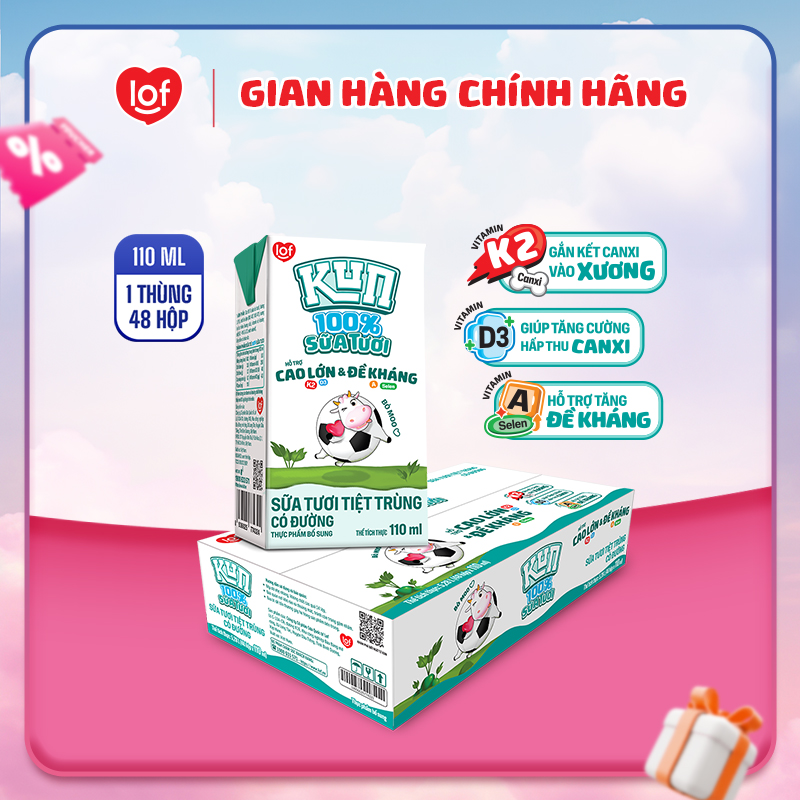 100% sữa tươi KUN có đường thùng 48 hộp x 110ml