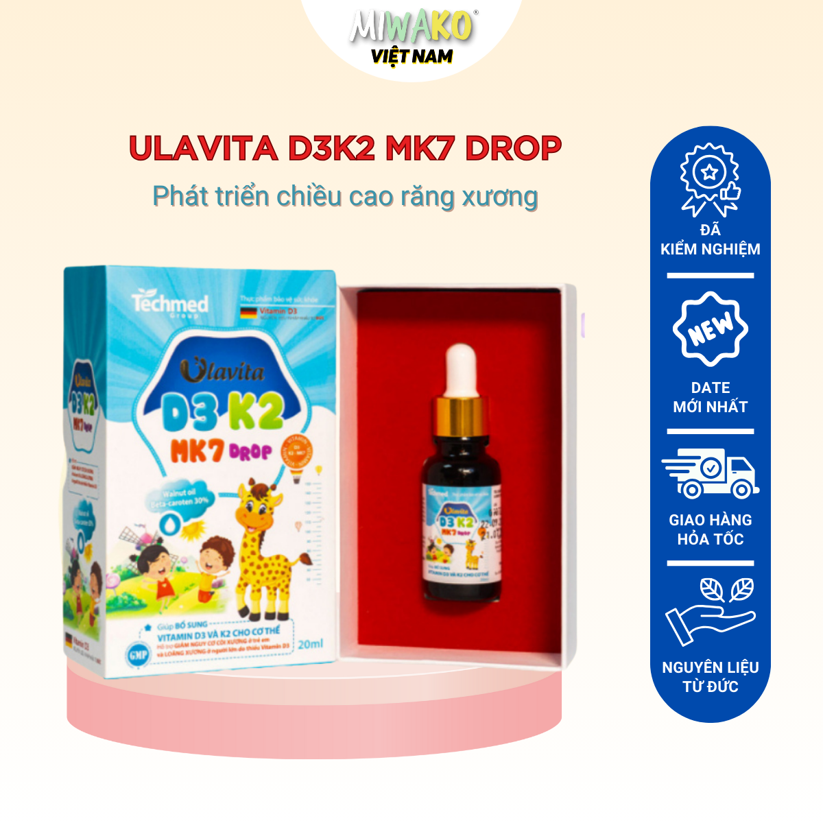 Vitamin D3 K2 MK7 Drop Ulavita hỗ trợ tăng chiều cao phát triển xương răng cho trẻ Lọ 20ml ECHMED