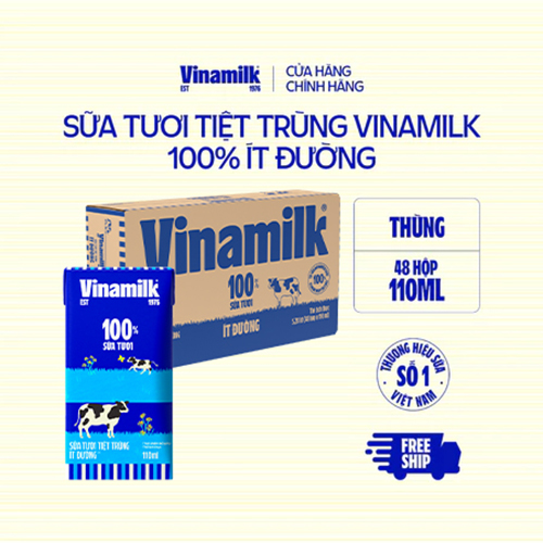 Thùng 48 sữa tươi tiệt trùng Vinamilk 100% ít đường 110ml| Có thể nhận Bao Bì Cũ/Mới