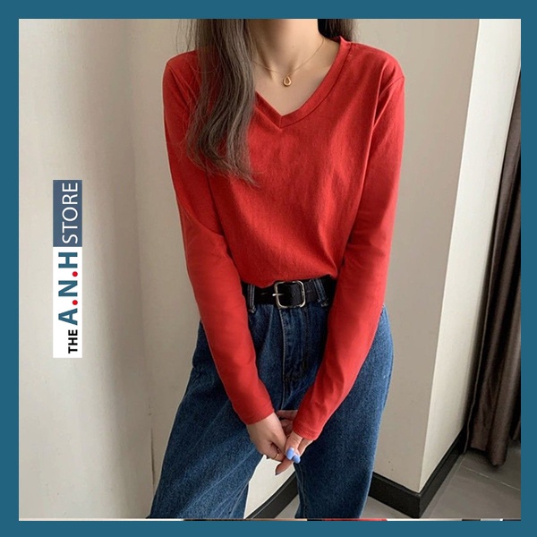 Áo thun giấy xược cổ tim TAY DÀI nữ ANHSTORE  áo cổ V TAY DÀI chất thun giấy xược cotton thời trang