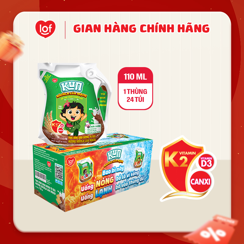 Sữa lúa mạch socola KUN thùng 24 túi x 110ml