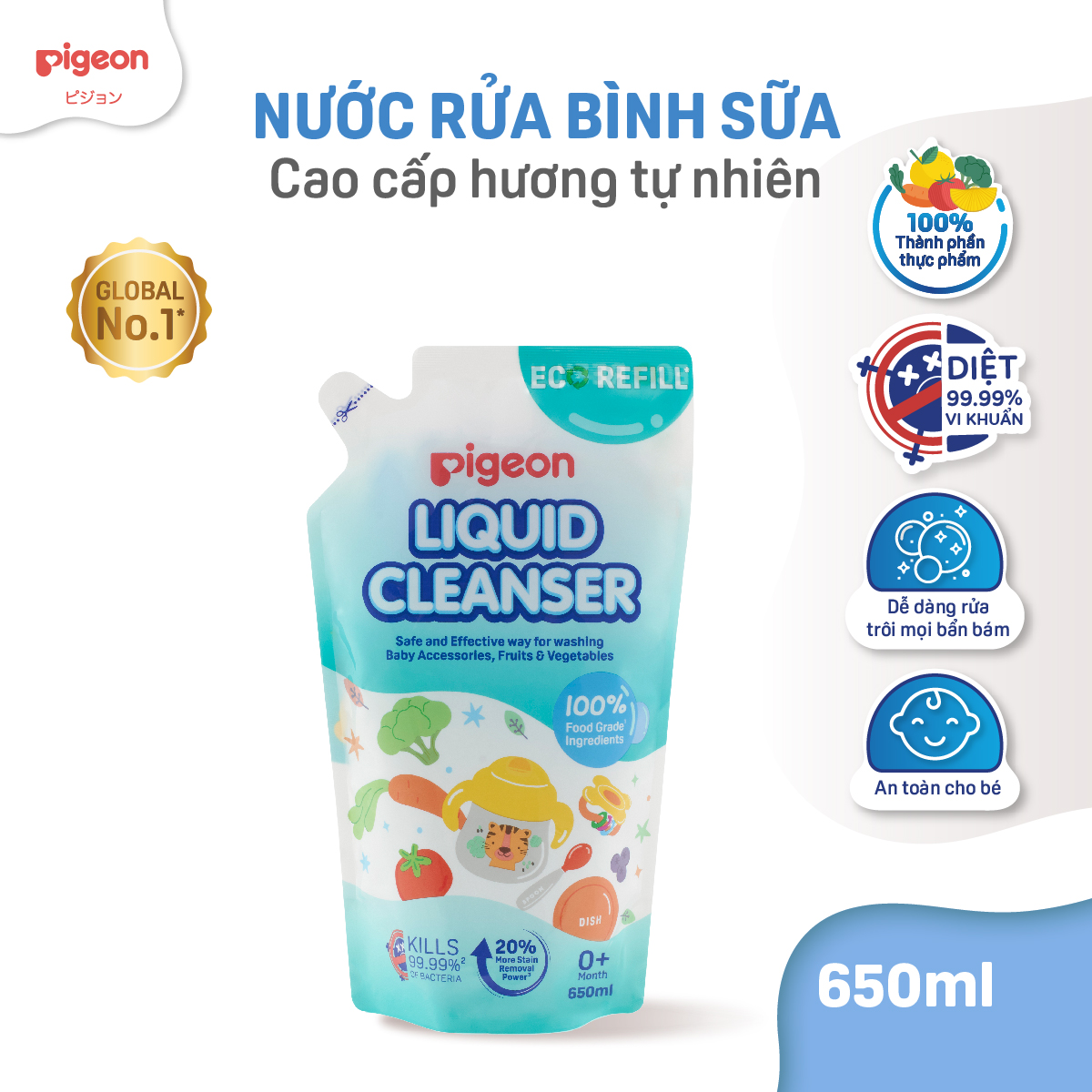 Nước Rửa Bình Sữa Pigeon Hương Tự Nhiên Tươi Mát 100% Thành Phần Thực Phẩm Diệt 99.99% Vi Khuẩn