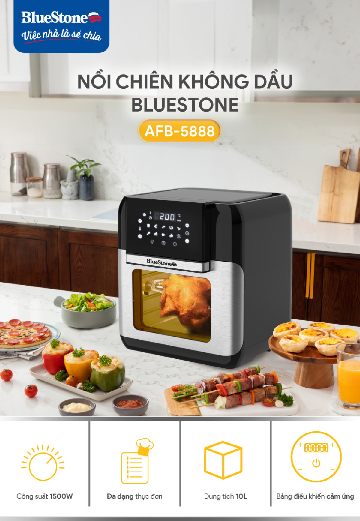 Nồi Chiên Không Dầu BlueStone AFB-5888 (10 Lít) - Công suất 1800W - Công nghệ Rapid Air giảm 80-90% 