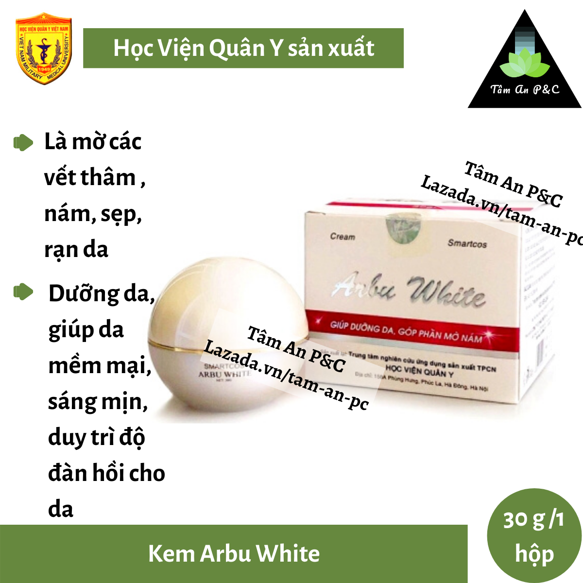 Kem Arbu White Học Viện Quân Y (Hộp 30G) - Dưỡng Da Mờ Thâm Mờ Nám Mờ Tàn Nhang - Chính Hãng Học Viện Quân Y