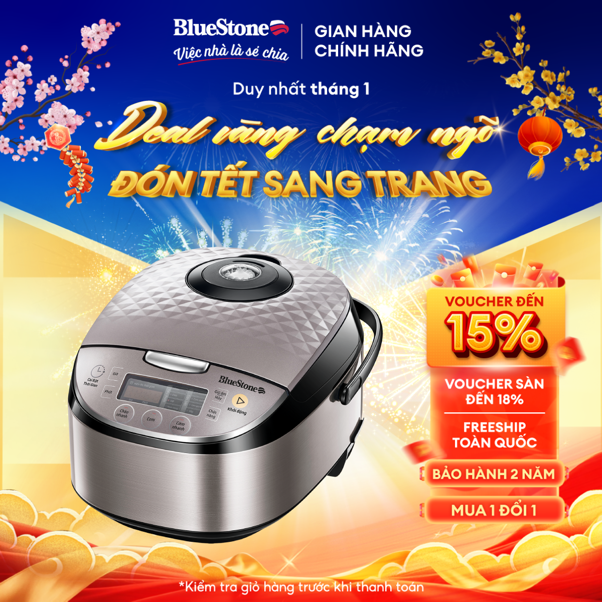 Nồi Cơm Điện Tử BlueStone RCB-5938 - 1.8 Lít - 760W - Lòng nồi hợp kim nhôm 5 lớp chống dính - 10 ch