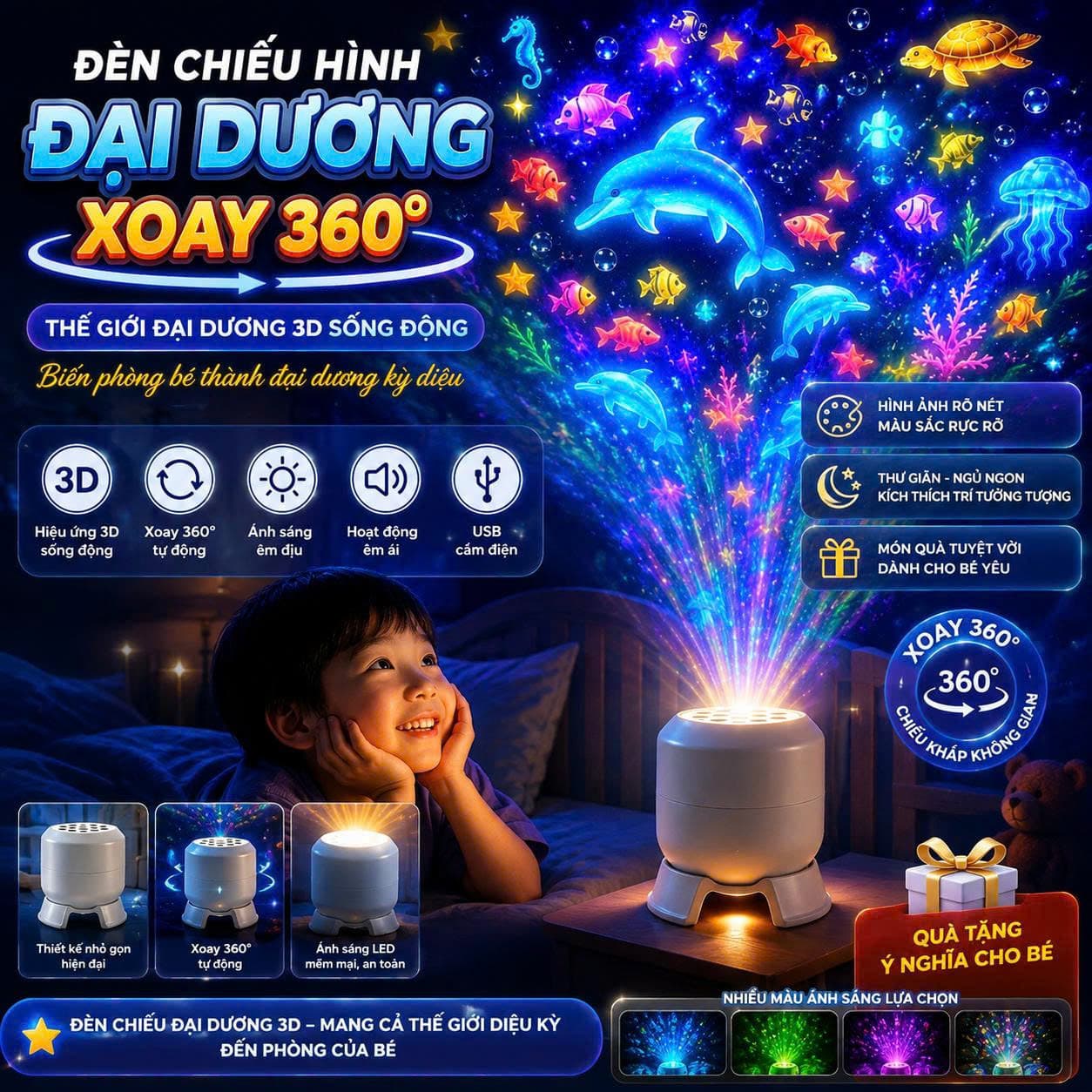 Đèn Chiếu Hình Đại Dương 3D Xoay 360° LED Ngủ Cho Bé – Máy Chiếu Cá Heo Sao Biển Đổi Màu