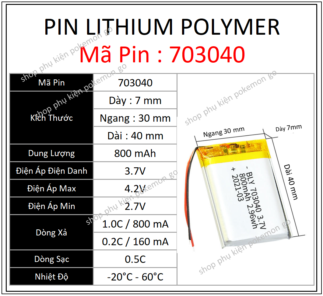 Pin Lithium - Ion 3.7V 703040 800mah