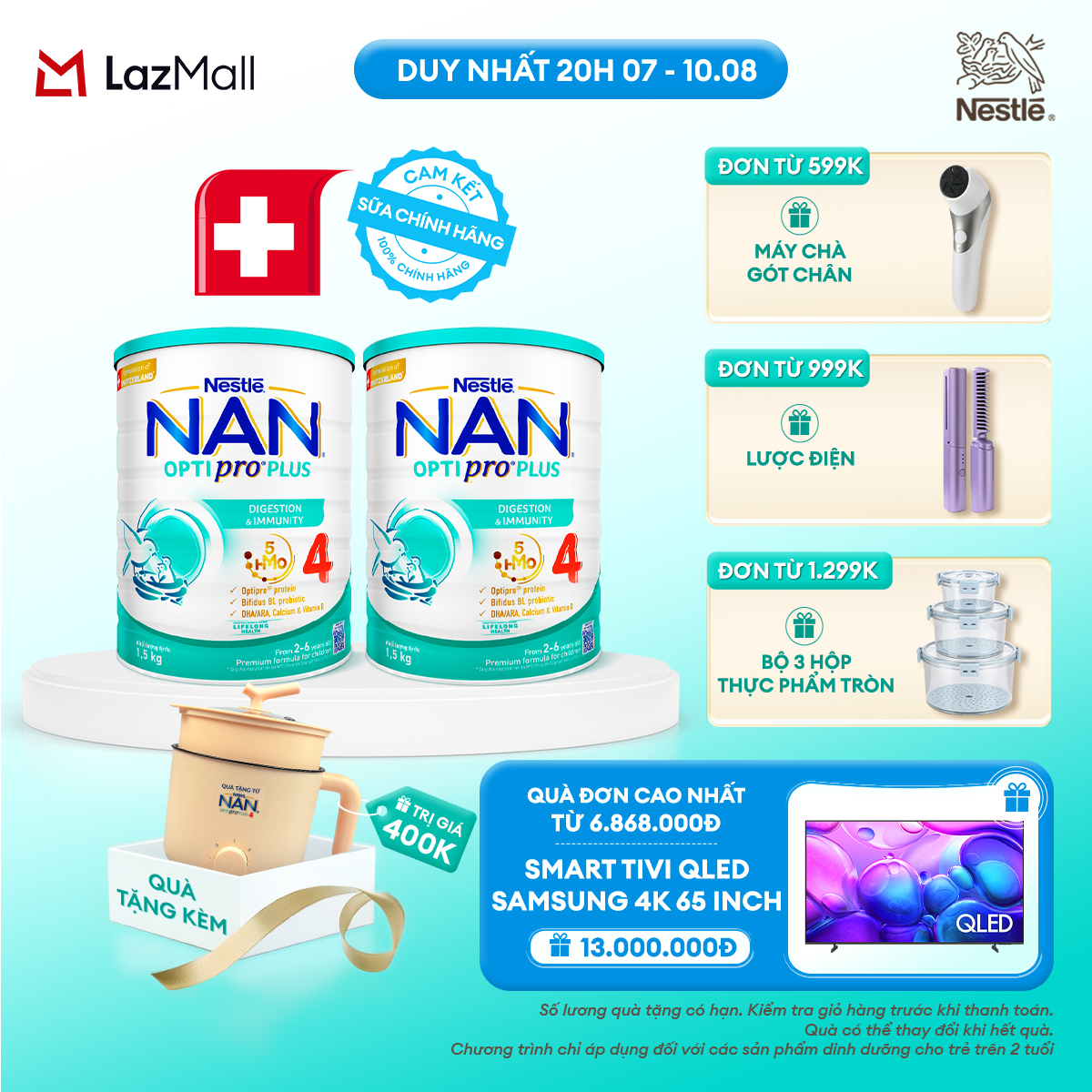 [CHỈ 20H 07-10.08 QT ĐƠN 599K/999K/1299K] [Tặng Nồi lẩu điện] Bộ 2 lon Sữa bột Nestlé NAN OPTIPRO PLUS 4 1500g/lon với 5HMO Giúp tiêu hóa tốt cho bé từ 2 - 6 tuổi Sữa công thức dinh dưỡng cho trẻ giúp hỗ trợ tiêu hóa đề kháng trí não và phát triển toàn