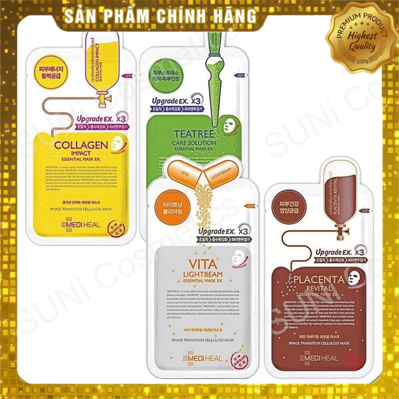 [Hcm][ Chính Hãng ] Mặt Nạ Mediheal Essential Teatree Tea Tree / Vita / Placenta / Collagen / Aquaring Cấp Nước Nmf Xanh Dương 24Ml / 27Ml