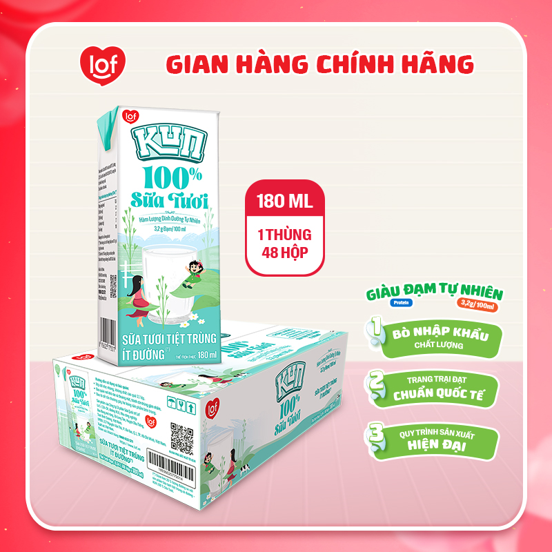 [DATE 24.2] KUN 100% Sữa Tươi Cao Cấp Ít Đường thùng 48 hộp x 180ml