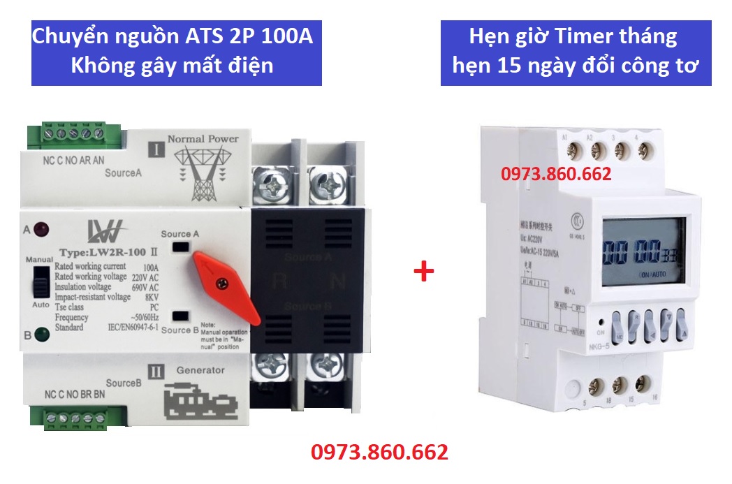 Tủ điện chuyển nguồn 2 công tơ luân phiên 15 ngày tự động đảo 1 lần ATS 2P 100A