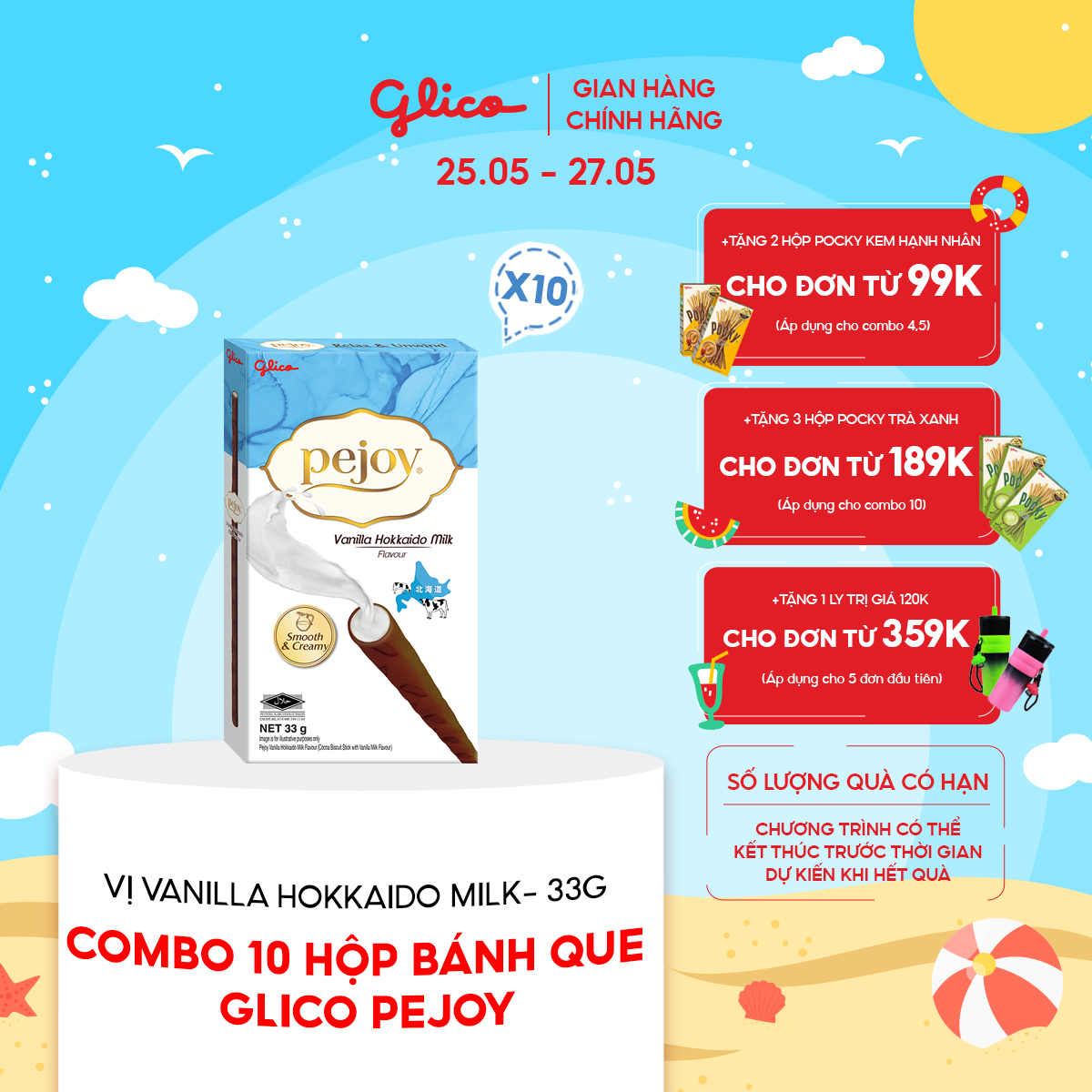 Combo 10 Bánh que GLICO Pejoy nhân kem Vanilla sữa Hokkaido 33G