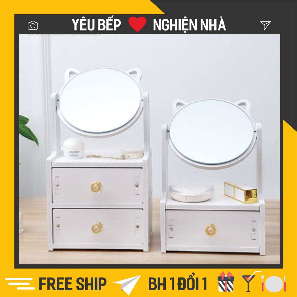 Kệ đựng mỹ phẩm 2 tầng có gương - Tủ đựng đồ trang điểm mini có ngăn kéo tiện dụng