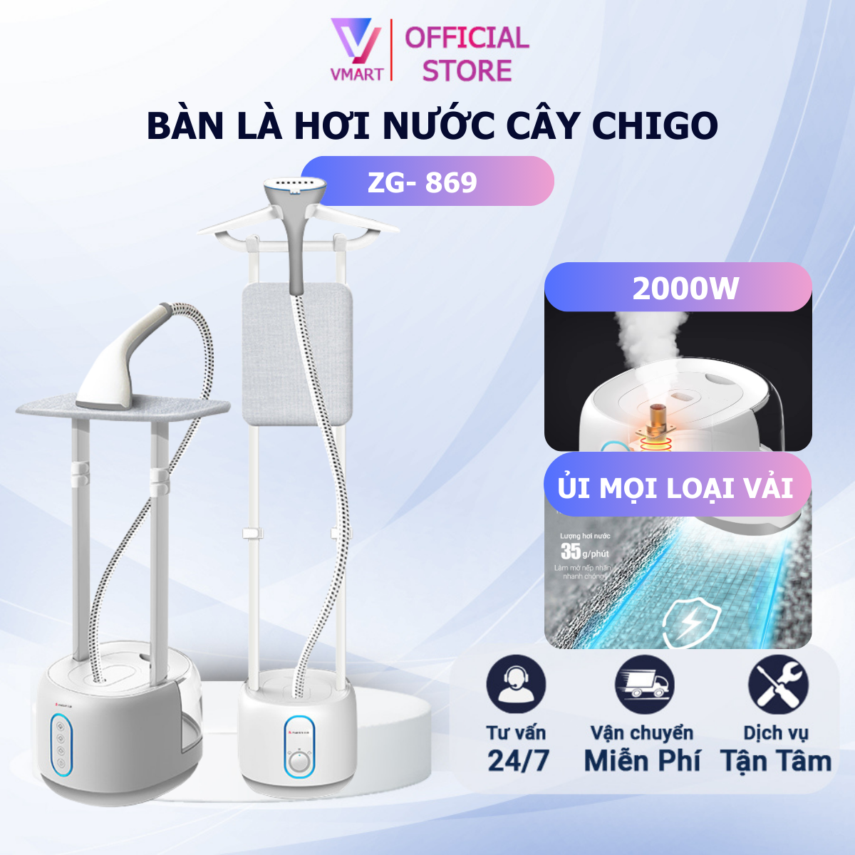 Bàn là hơi nước đứng Chigo ZG-869, công suất 2000W, màu trắng, dung lượng bình chứa 2.3L