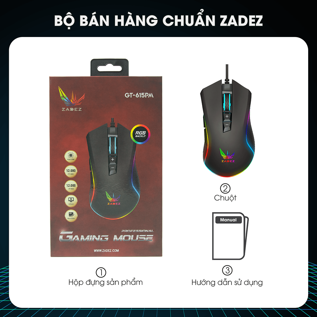 ZADEZ Chuột Gaming Có Dây GT-615PM - 12.000 DPI Cảm Biến Pixart PMW3360 IPS 250 inch LED RGB 7 Nút T