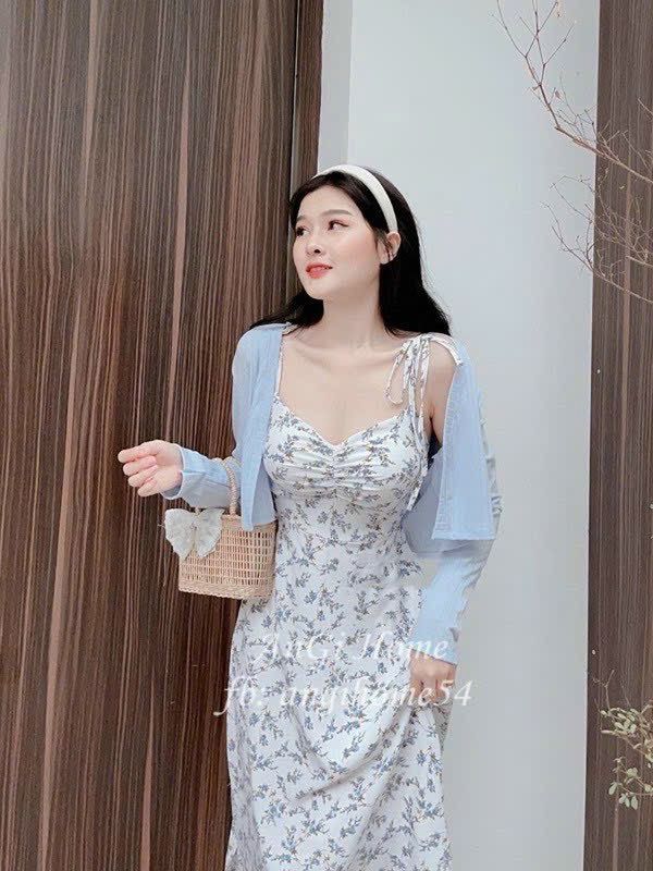 Set đầm hai dây hoa nhí dáng dài kèm áo khoác cadigan croptop váy tiểu thư Hàn Quốc mặc đi biển xinh