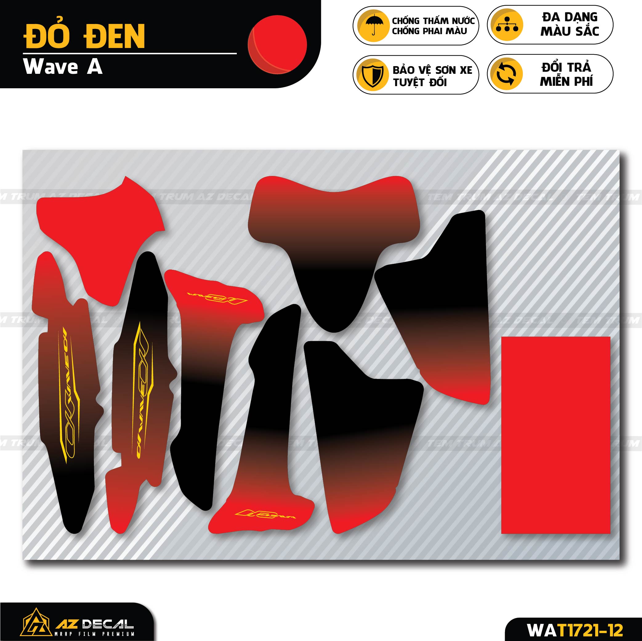 Tem Trùm Wave 100 110 Đẹp Hiệu Ứng Chuyển Màu Gradient | WAT-12 | Tem Dán Xe Wave Alpha Cao Cấp Deca