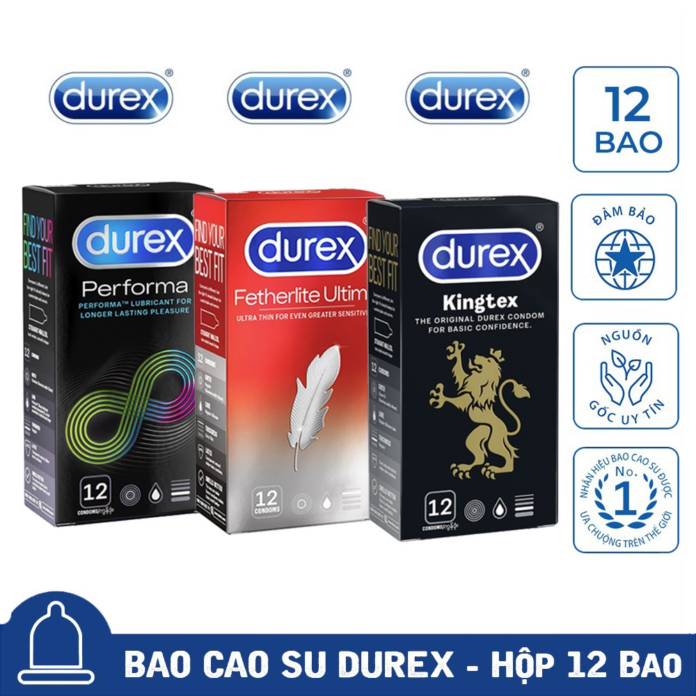 [Mua 2 Tặng 1] Bao Cao Su Nam Durex Performa Kéo Dài Thời Gian Quan Hệ + Fetherlite Ultima Siêu Mỏng + Kingtex Size Cỡ Nhỏ Che Tên Sản Phẩm