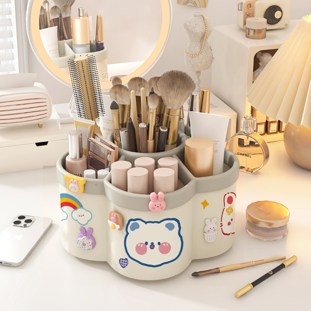 ỐNG ĐỰNG BÚT ĐỂ BÀN XOAY 360 ĐỘ HÌNH HOA KÈM STICKER ĐÁNG YÊU
