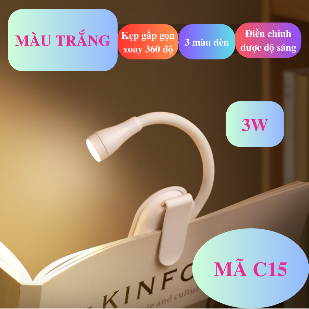 Đèn ngủ Mini LED Sách có thể điều chỉnh Clip 360° Đèn bảo vệ mắt Flip Study có thể sạc lại 3 màu để đọc sách