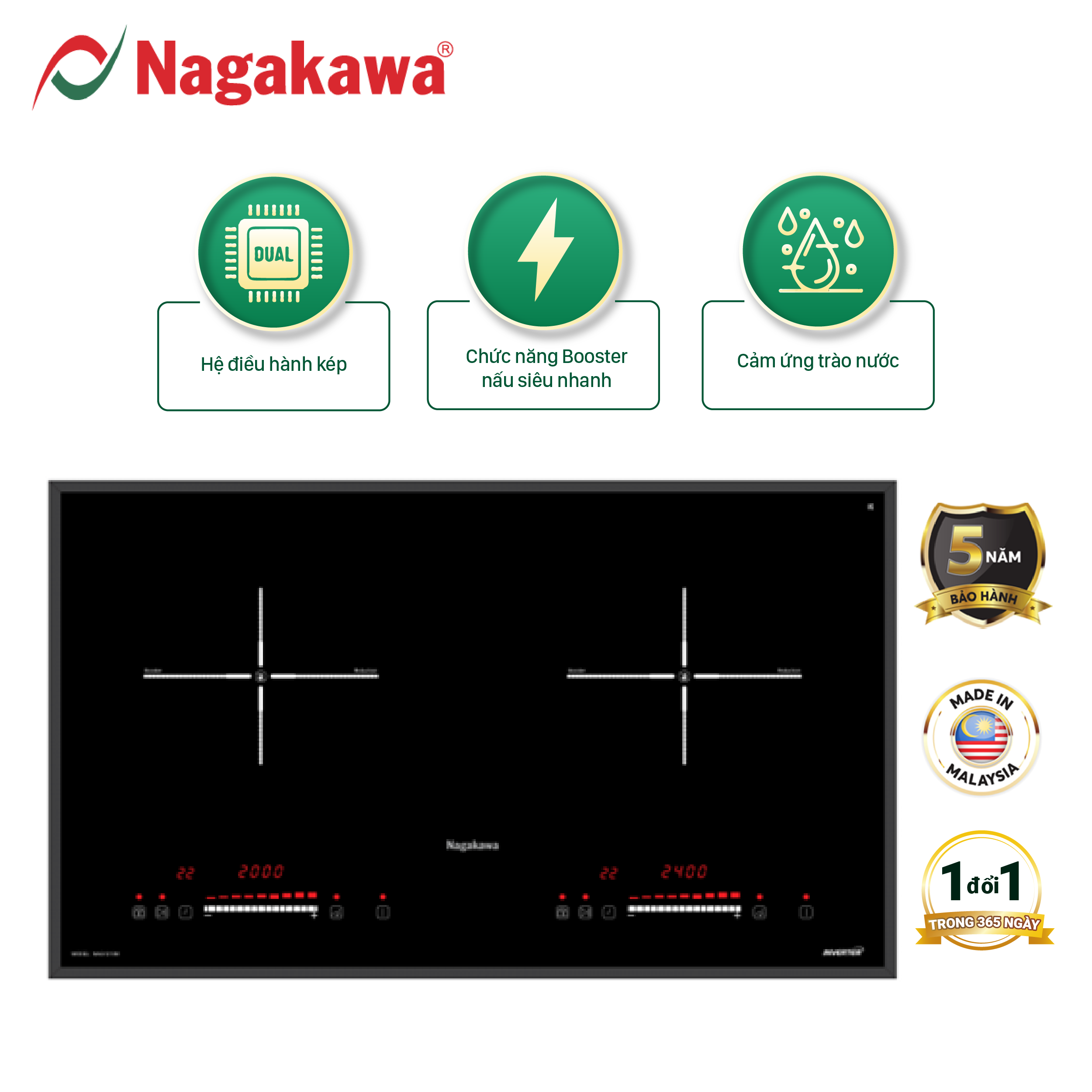 [Miễn phí vận chuyển] Bếp điện từ đôi cao cấp Nagakawa NAG1213M công nghệ inverter công suất cực đại 2400W 9 tính năng kèm theo - bảo hành 5 năm - made in Malaysia