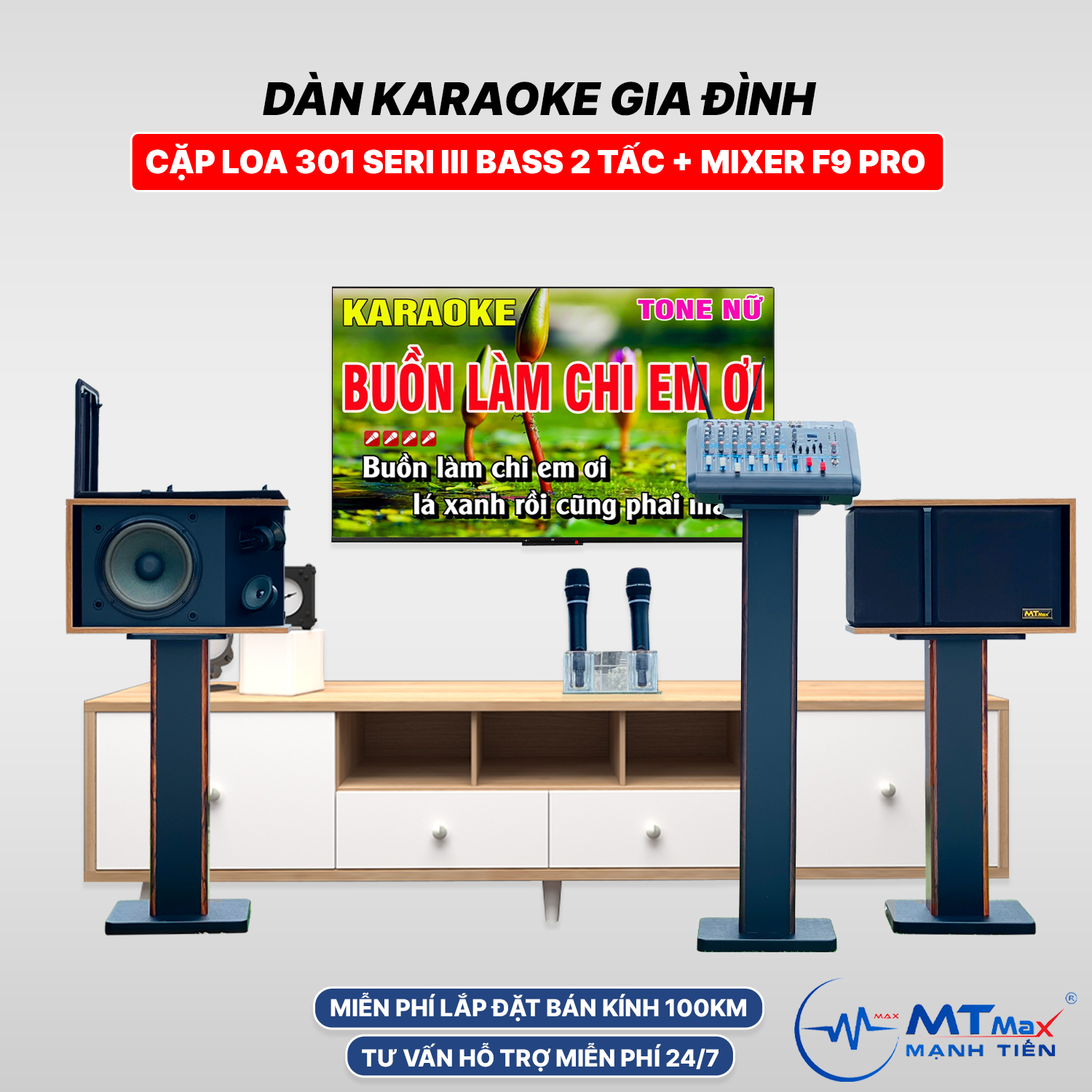 Dàn Karaoke Cao Cấp Gia Đình - [ Cặp Loa KS301 Seri III Bass 2 Tấc Mixer F9 Pro ] Đi Kèm 2 Micro Khô