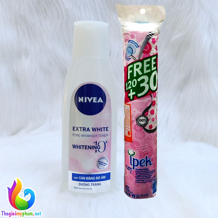 Combo Nước Hoa Hồng Nivea Dưỡng Trắng Da Và Se Khít Lỗ Chân Lông 200Ml + 1 Cây Bông Tẩy Trang Ipek