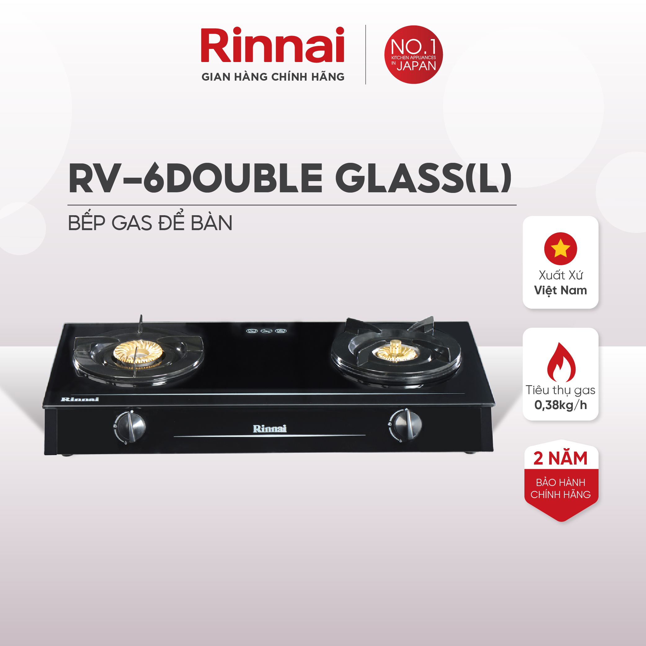 Bếp gas dương Rinnai RV-6Double Glass(L) mặt bếp kính và kiềng bếp men - Hàng chính hãng.