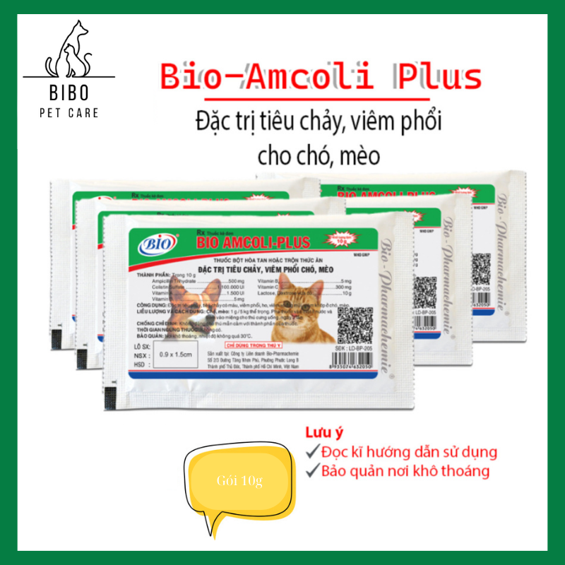 Bio Amcoli Plus bột trị tiêu chảy viêm phổi cho chó mèo - Lẻ 1 gói 10gr - Bibopetcare