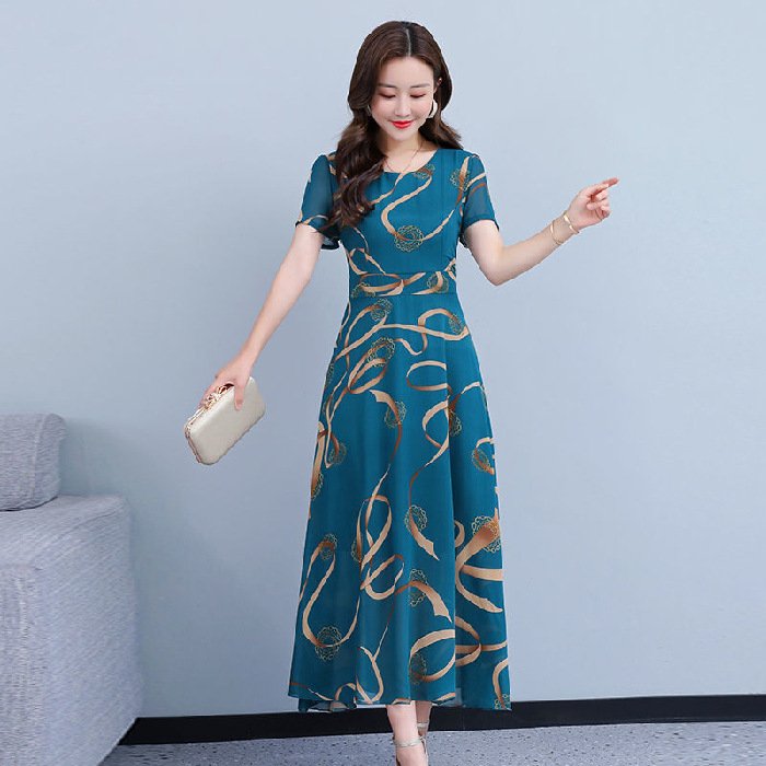 Váy đầm cho người trung niên dáng dài họa tiết V4a áo đầm kiểu thời trang mùa hè thu đông xuân mặc n
