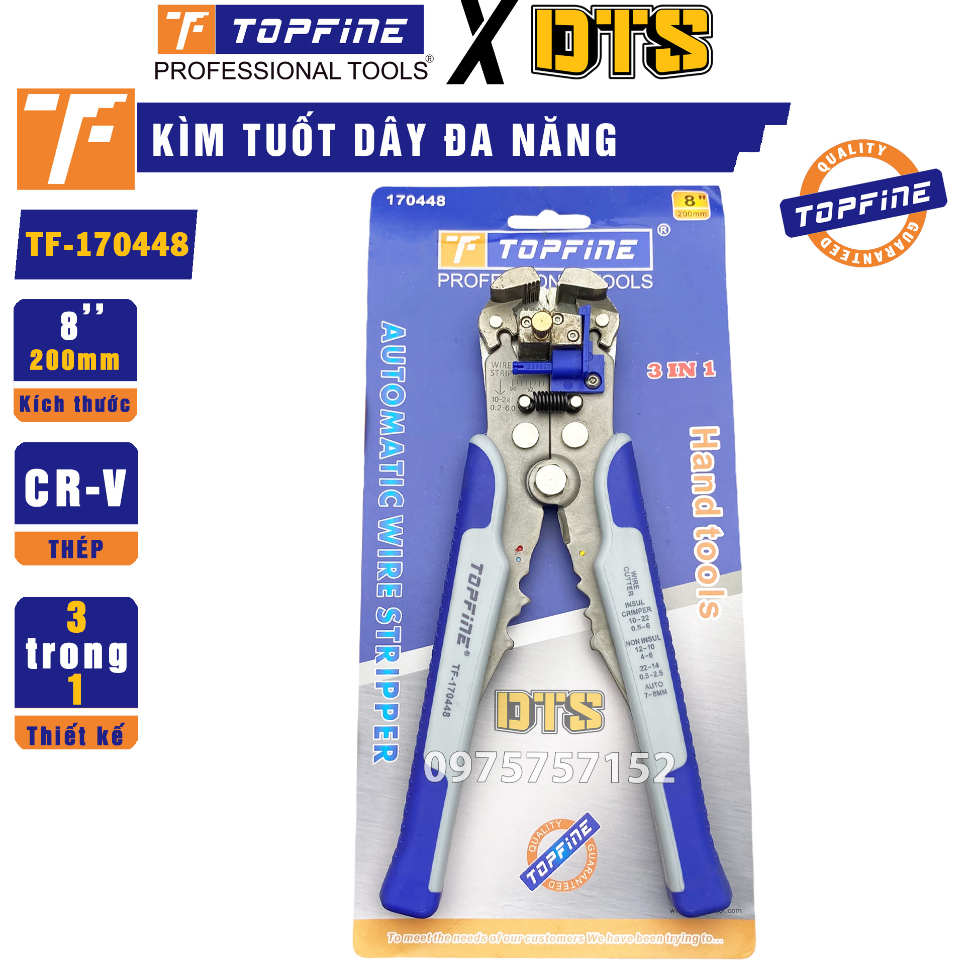 Kìm tuốt dây điện trợ lực tự động TOP FINE 3 trong 1 | Kìm đa năng cắt tuốt dây điện nhanh bấm cos d