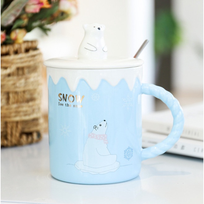 Ly Cốc Sứ 400ML Hình Gấu Trắng Nắp Nổi - Ly Có Nắp Và Thìa Inox