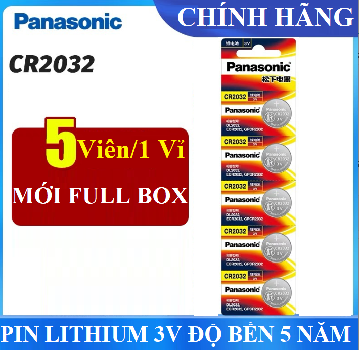Vỉ 5 viên pin cúc Lithium 3V CR2032 PANASONIC pin nút cho Cmos điều khiển chìa khóa ô tô xe máy cửa cuốn CHÍNH HÃNG