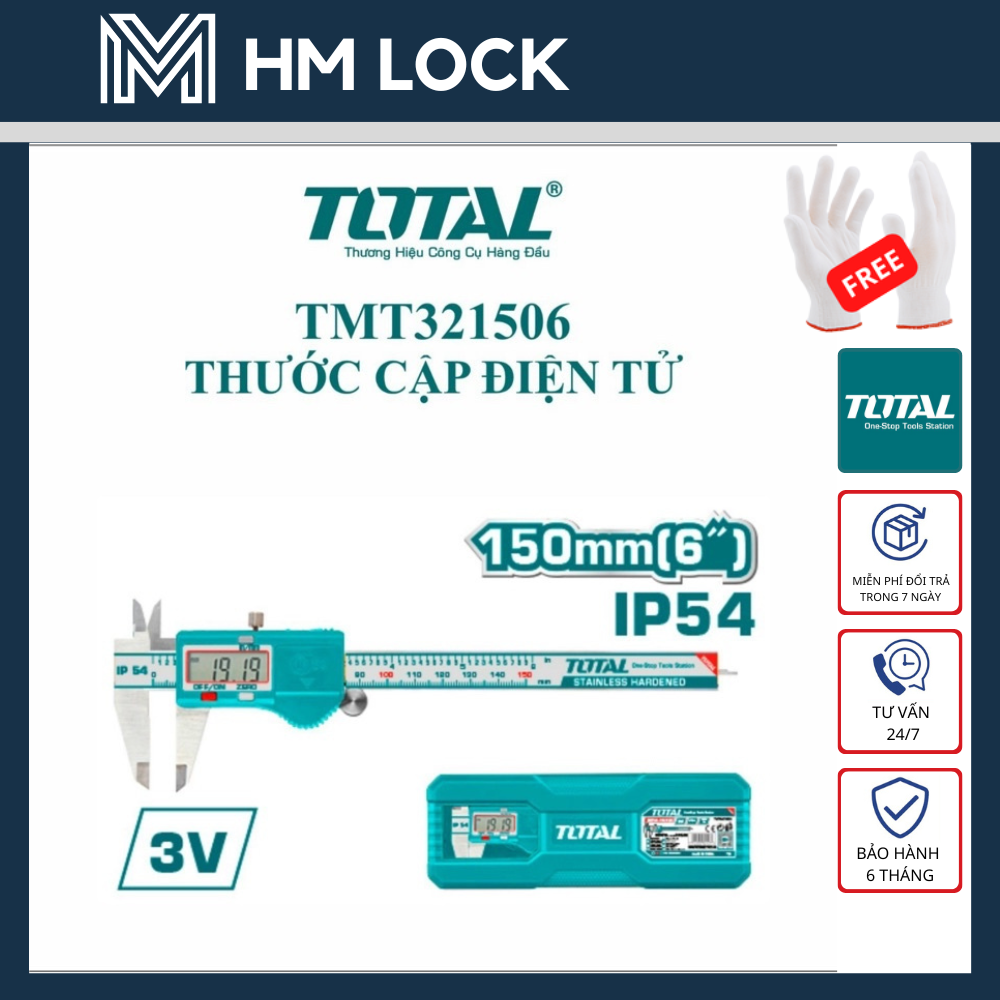 150MM THƯỚC CẶP ĐIỆN TỬ TOTAL CAO CẤP - VỎ IP54 PIN 3V- HÀNG CHÍNH HÃNG - TMT321506 - HM LOCK