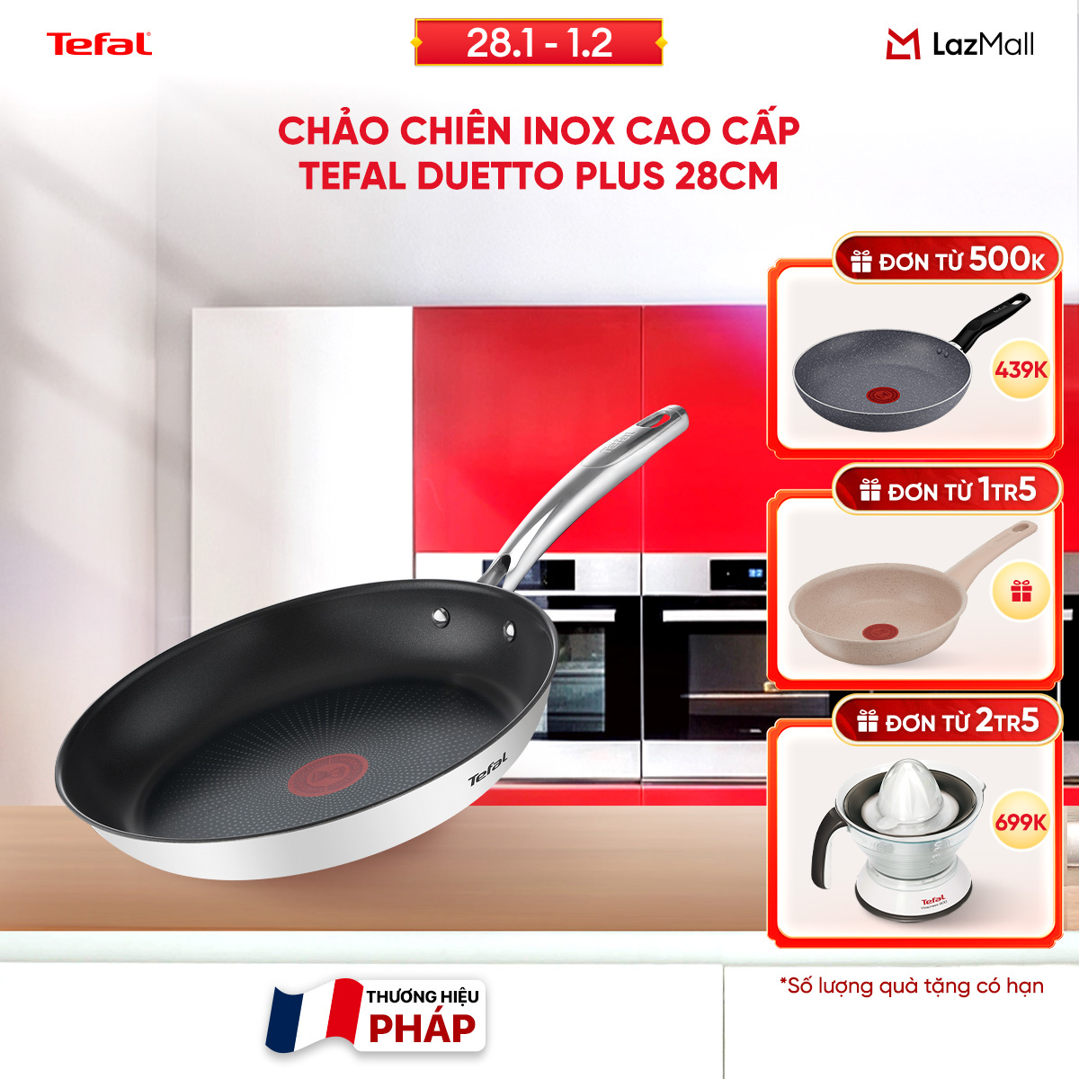 [SIÊU SALE TẾT 15.1 - 10.2] Chảo chiên Inox 18/10 cao cấp Tefal Duetto Plus 28cm