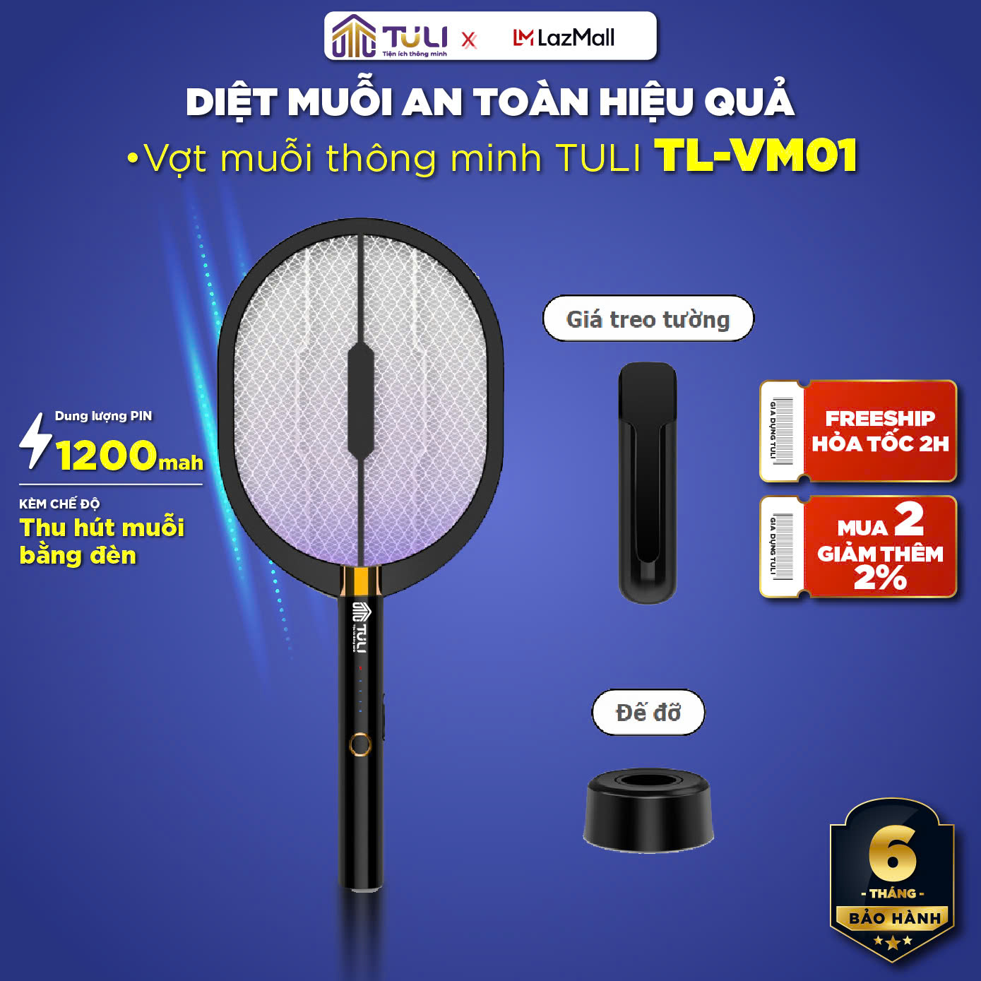 Vợt Muỗi Thông Minh TULI TL-VM01 Kiêm Đèn Bắt Muỗi 3 Lớp Lưới An Toàn, Màu Đen, Kích Thước 54x22x4cm