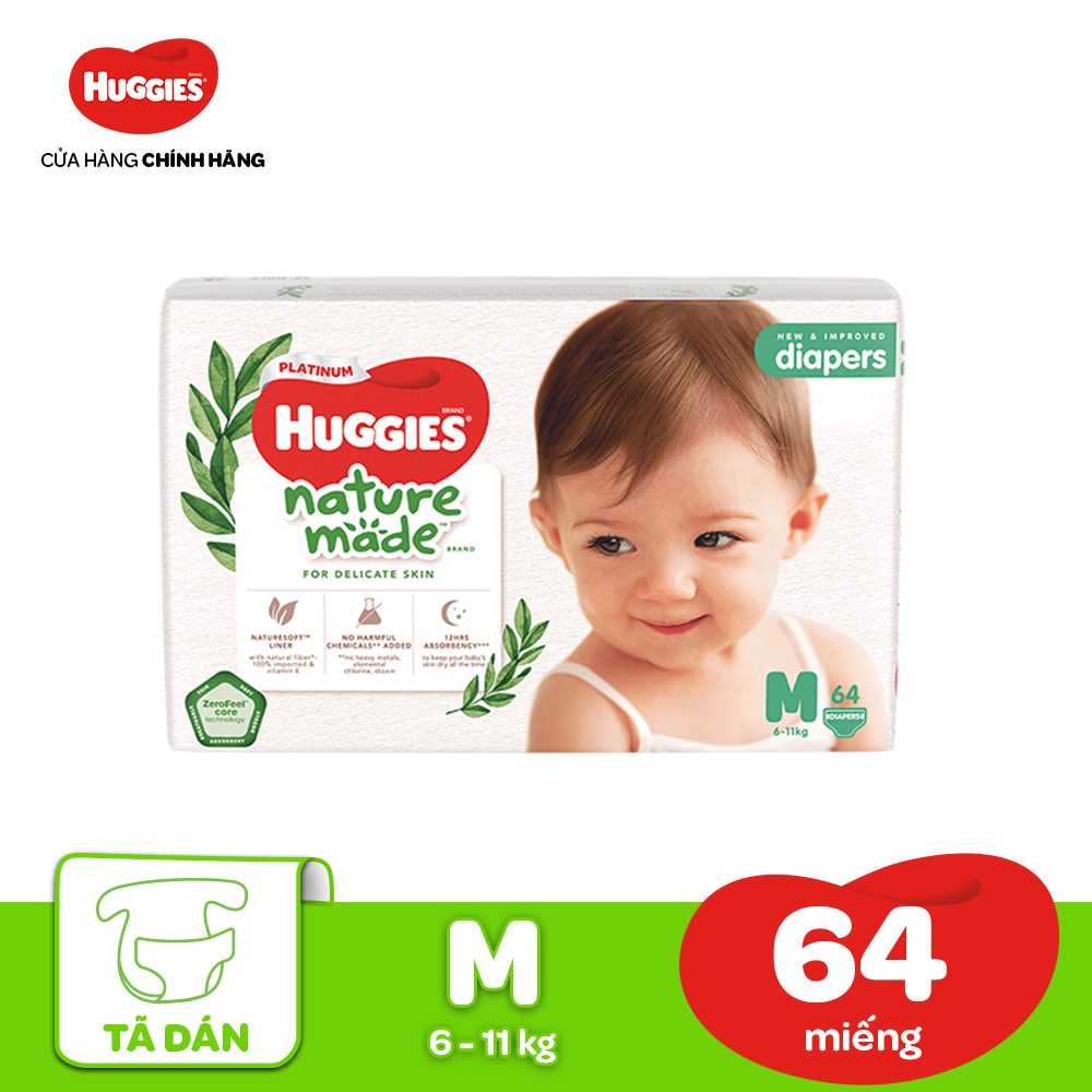 [12-17.08 QUÀ TẶNG ĐƠN 399K] Tã/Bỉm dán HUGGIES PLATINUM NatureMade M64 (6-11kg)-Gói Jumbo 64 miếng