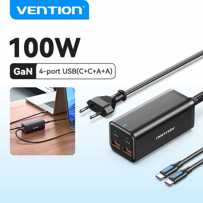 Vention 100W GaN củ sạc nhanh 4 Ports with 100W 5A USB C to USB C Cable Fast Charging for iPhone 16 