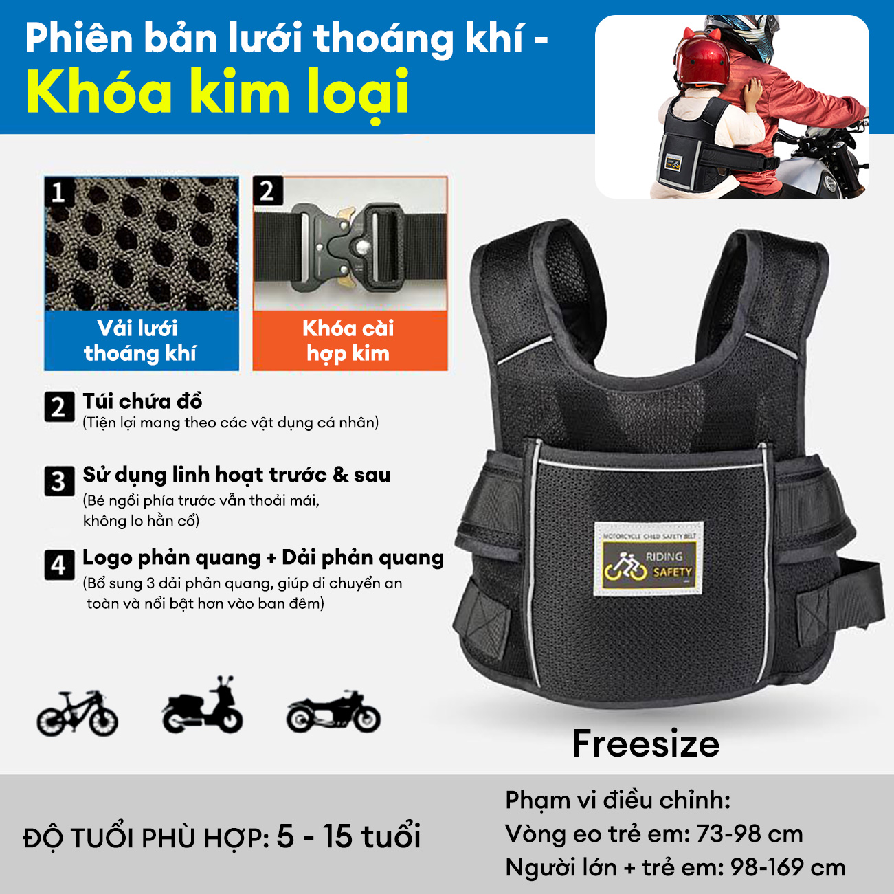 Đai Đi Xe Máy Cao Cấp Cho Trẻ 5-12 Tuổi Chốt kim loại cao cấp Phản quang đêm Lưới thoáng khí ngày hè túi đựng đồ