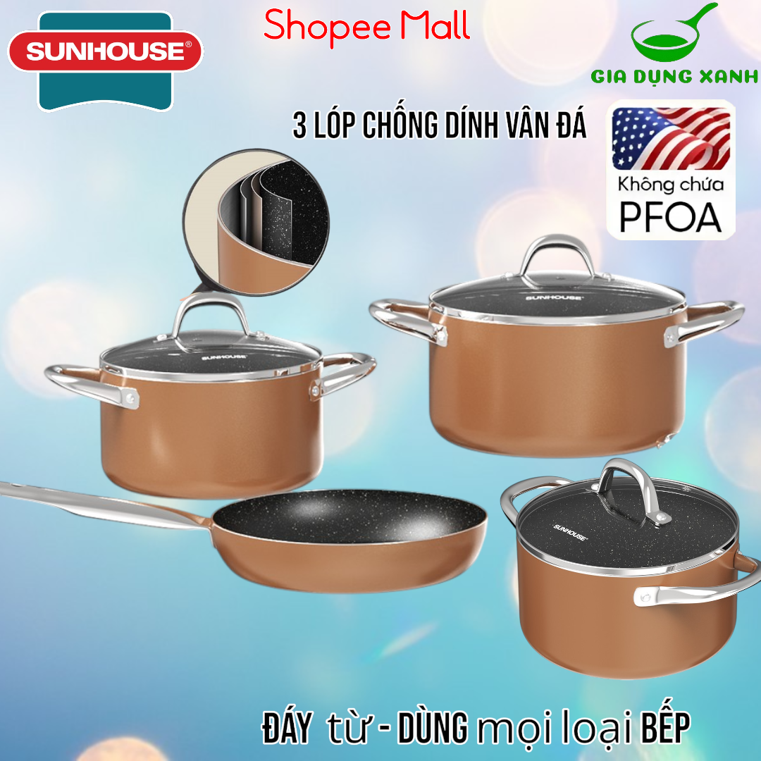 Bộ nồi chảo chống dính đáy từ SUNHOUSE SHG8081MB - hàng chính hãng